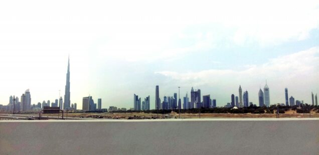 Dubai skyline showing high-density tower cluster of the central business district, UAE, 2012