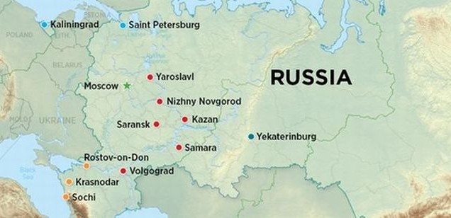 Russia World Cup 2018 cites location map