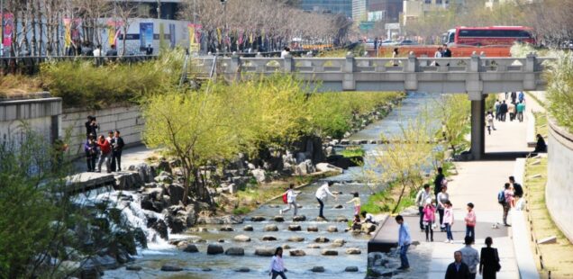 Cheonggyecheon stream linear park in central Seoul, South Korea – expressway replaced by riverside park, 2011