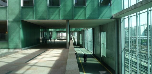 Bicycle lane routed through a building in Basel, Switzerland – example of integrated cycling infrastructure, 2014
