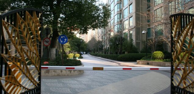 Gated entry of a private residential compound in Xujiahui, Shanghai, China – urban enclosure, 2014